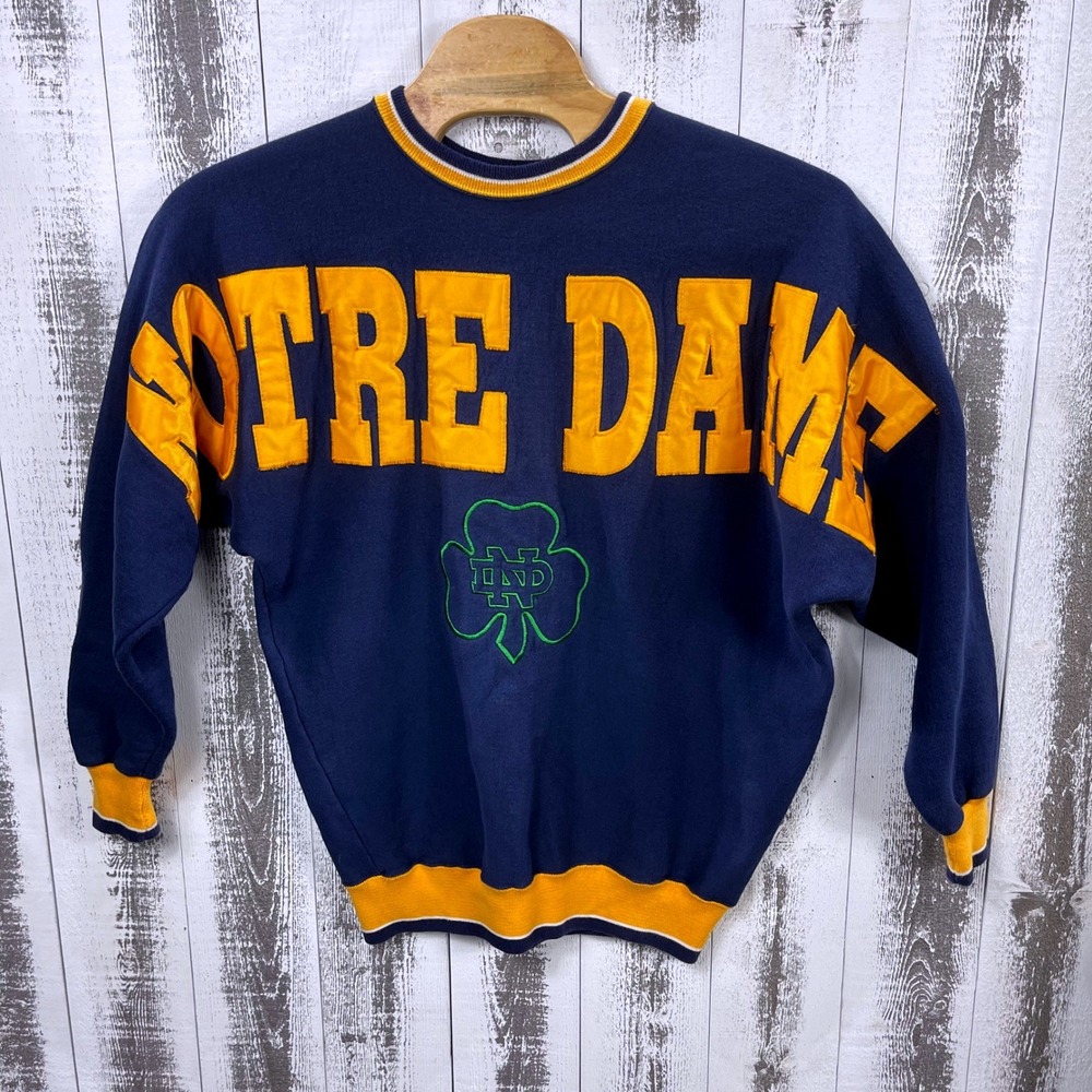 Vintage 90s Notre Dame Spell Out Sweatshirt Large RARE Legends Embroidered USA
